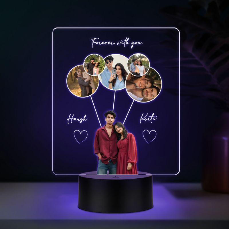 Personalized Couple LED Photo Lamp, Forever with You Custom Acrylic Night Light with Multiple Photos with Color Changing Base